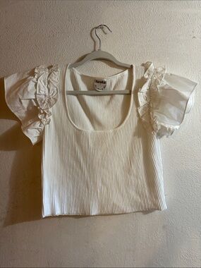 ARULA Cream Ribbed Crop Top with Sheer Ruffle Puff Sleeves